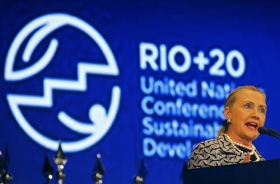 U.S. Secretary of State Hillary Clinton speaks at the plenary of the Rio+20 United Nations Conference on Sustainable Development summit in Rio de Janeiro June 22, 2012.