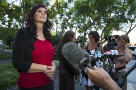 Cindy Lee Garcia (L), an actress in the "Innocence of Muslims", after a judge denies her request to have Youtube remove the video.